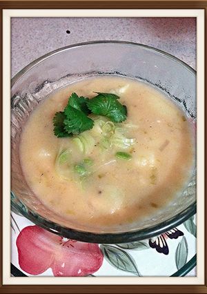 A picture of leek & baked potato soup.