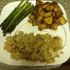 A picture of Chicken Smothered With Mushroom Sauce And Stuffing.