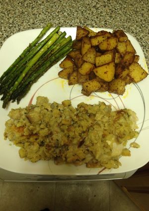 A picture of Chicken Smothered With Mushroom Sauce And Stuffing.