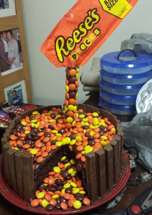 A picture of Reese's gravity cake.