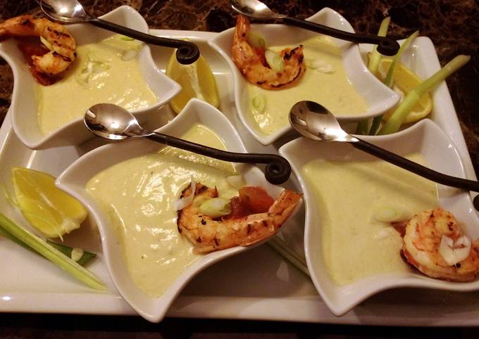 Starter Avocado Soup with Spicy Grilled Shrimp