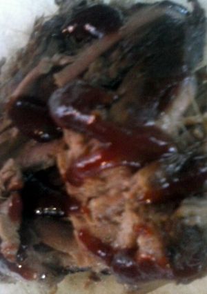 A picture of Brad's Brisket slow cooked in porter with apple barbeque sauce.