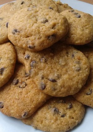 A picture of Vickys Banana Choc Chip Cookies, GF DF EF SF NF.