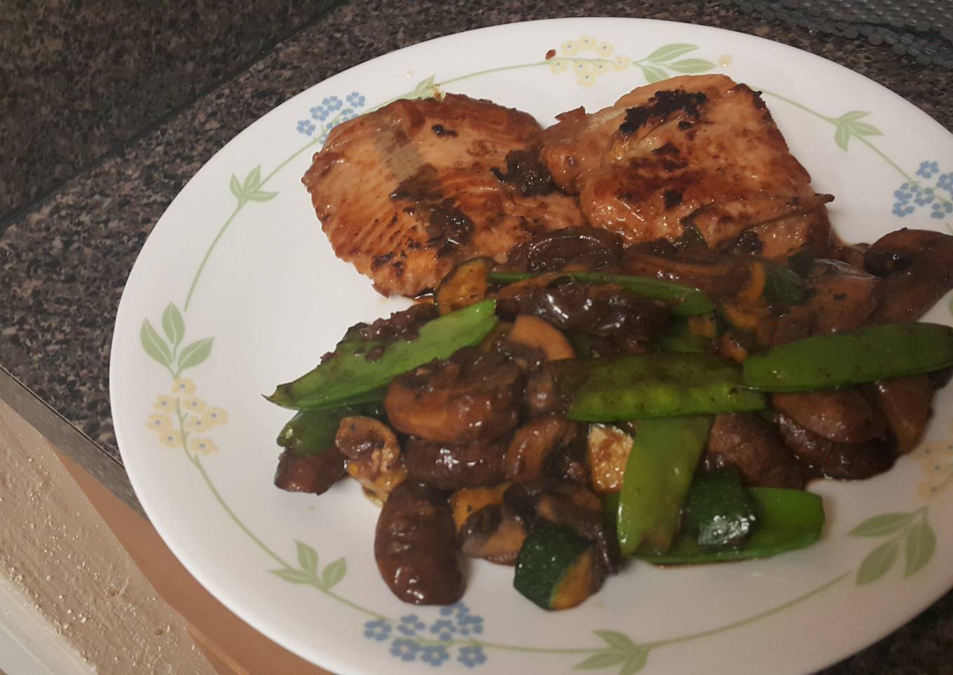 Soy glazed salmon with mushrooms and veggies