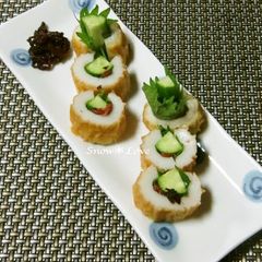 A picture of Easy Appetizer! Chikuwa Stuffed with Umeboshi, Shiso Leaves, and Cucumbers.