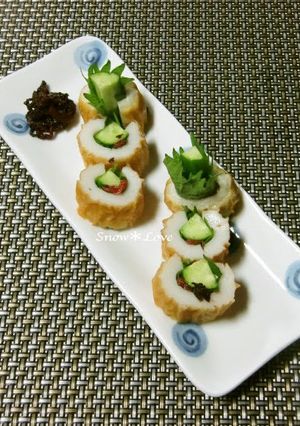 A picture of Easy Appetizer! Chikuwa Stuffed with Umeboshi, Shiso Leaves, and Cucumbers.