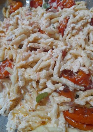 A picture of Trofie with Feta and Smoked Salmon.