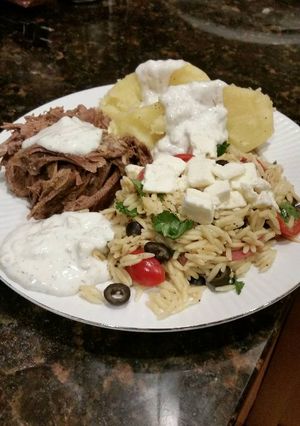 A picture of Brad's Greek lamb dinner.