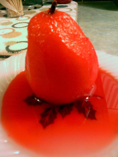 A picture of punch kool-aid braised pear.