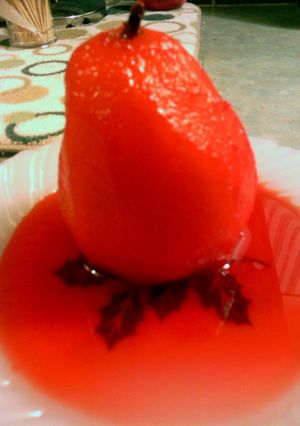 A picture of punch kool-aid braised pear.