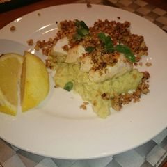 A picture of Chicken, leek puree & macadamia paste.