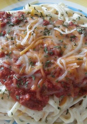A picture of Creamy Mozzarella Linguine With Corned Beef.