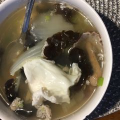 A picture of Mushroom egg soup pre overnight, cook 10 min keto.