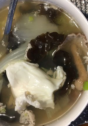 A picture of Mushroom egg soup pre overnight, cook 10 min keto.