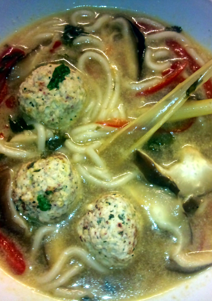 A picture of Sig's Thai chicken balls with noodle soup.