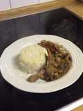 Stir Fried Pork with stir fried vegetables and white rice