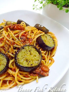 A picture of Meltingly Soft Eggplant and Bacon Tomato Pasta.