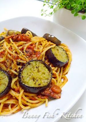 A picture of Meltingly Soft Eggplant and Bacon Tomato Pasta.