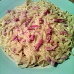 A picture of Vickys Spaghetti Carbonara with Vegan Option GF DF EF SF NF.
