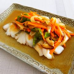 A picture of Pacific Cod and Vegetables with Sweet Vinegar Ankake Sauce.
