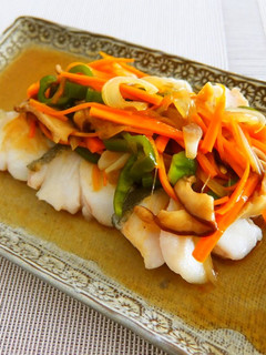 A picture of Pacific Cod and Vegetables with Sweet Vinegar Ankake Sauce.