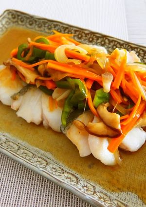 A picture of Pacific Cod and Vegetables with Sweet Vinegar Ankake Sauce.