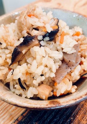 A picture of Rice seasoned with soy sauce and boiled with chicken and savory vegetables.