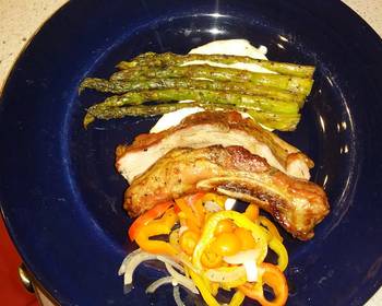 Ultimate Making Recipe Sticky Asian pork  ribs with grilled asparagus over red wine feta aioli Savory Delicious