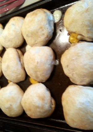 A picture of Pepper corn and cheese turkey biscuit sandwiches.