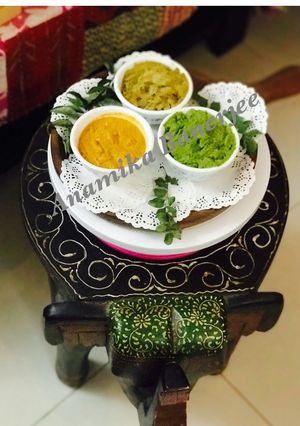 A picture of CHUTNEY PARTY : 1. Green Peas 2. Onions & Curry Leaves 3. Peanuts Chutney.