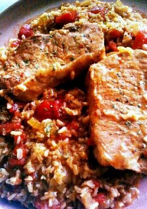 A picture of Pork Chop and Brown Rice Skillet Dinner.