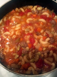 A picture of Kitchen cabinet beef vegetable soup.