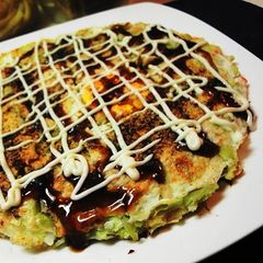 A picture of Okonomiyaki with Lots of Spring Cabbage.