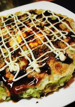 A picture of Okonomiyaki with Lots of Spring Cabbage.