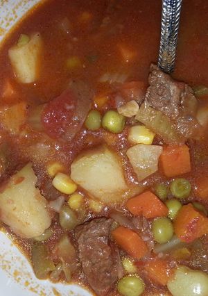 A picture of Beef vegetable soup.