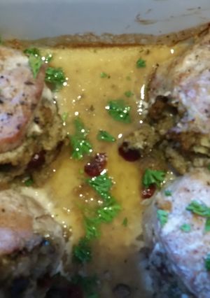 A picture of Stuffed pork loin chops.