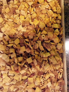 A picture of Michelle's party chex mix.