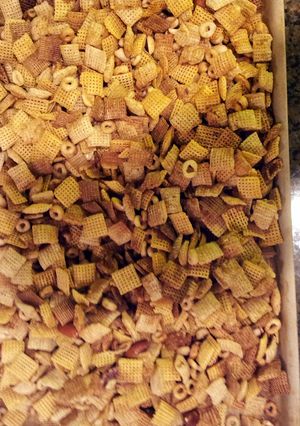 A picture of Michelle's party chex mix.