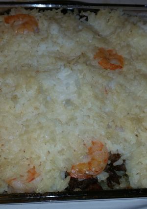 A picture of Crazy garlic shrimp sausage rice and taters!.