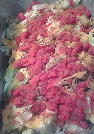 A picture of Pork and cabbage something or another.