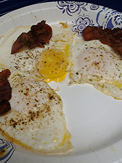 A picture of Cinnamon bacon and eggs.