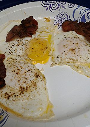 A picture of Cinnamon bacon and eggs.