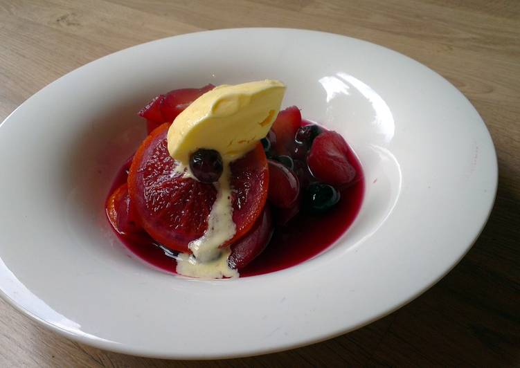 Mulled Plums and Blueberries with Cointreau Cream
