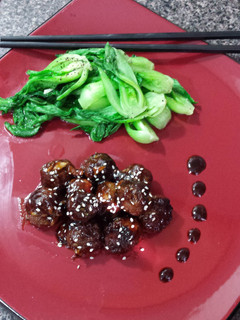 A picture of Asian Meatballs & Fresh Bok choy.