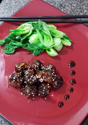 A picture of Asian Meatballs & Fresh Bok choy.