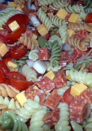 A picture of pasta salad.