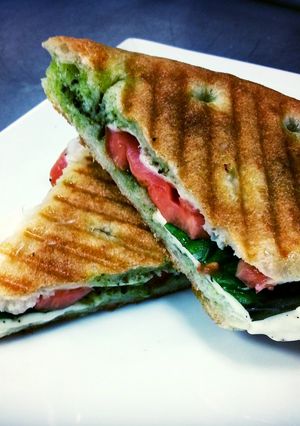 A picture of Tomato Mozzrella with basil panini.