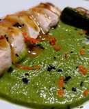 Petto di pollo, arancia tarocco e zucchine in doppia consistenza