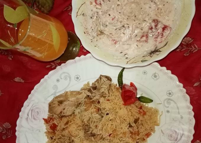 Simple Way to Prepare Perfect Mughlai pulao Biryani with Raita salad And orange juice