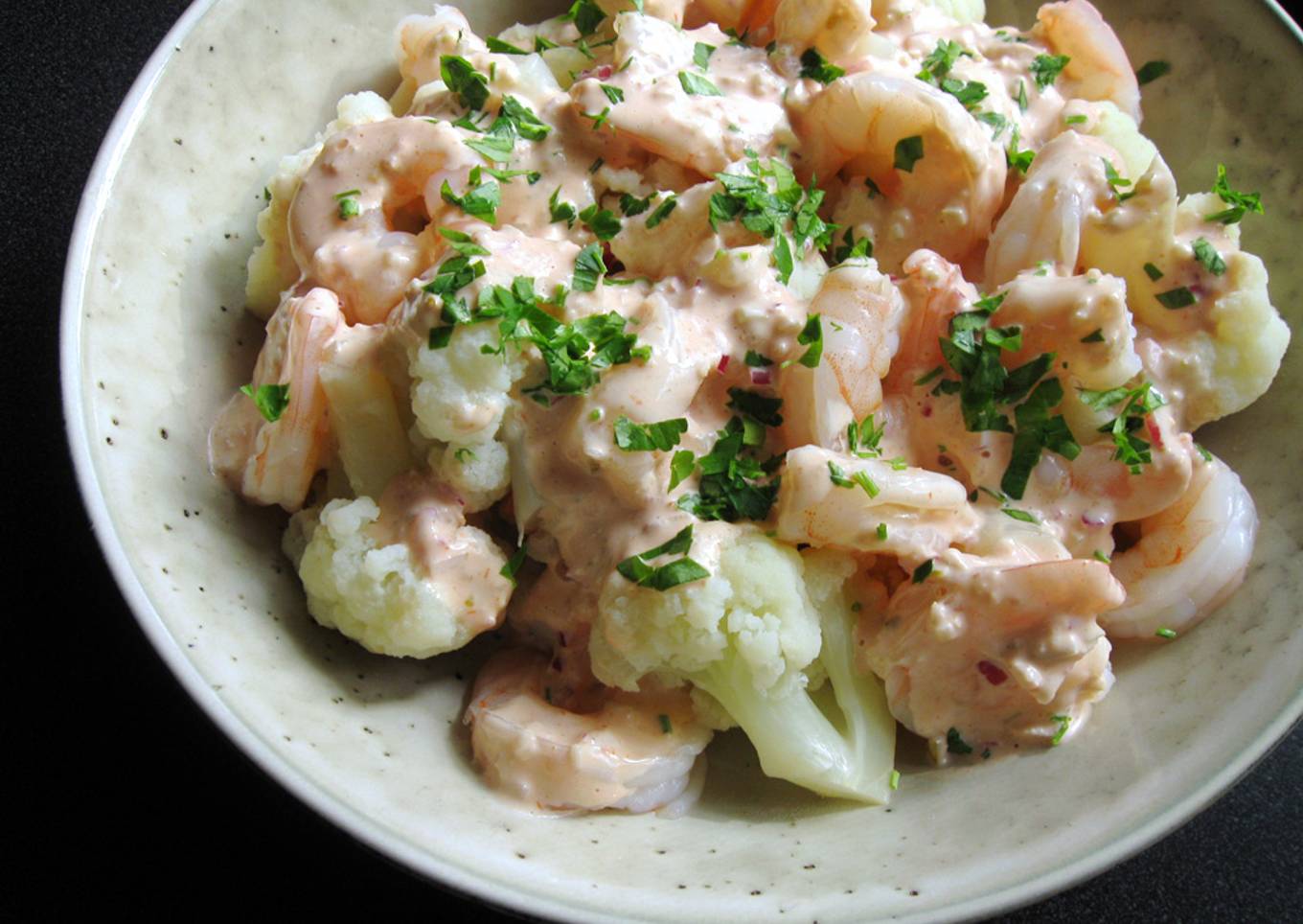 Prawns & Cauliflower with Seafood Cocktail Sauce